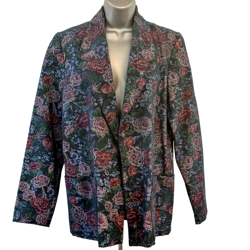 Handmade Floral Print Denim Dark Cabbage Rose Woman’s Jacket Very Good Condition